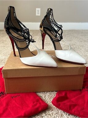Christian Louboutin Confusa White Leopard Black Lace Cage 100 heels